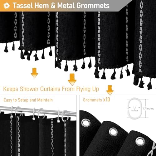 BTTN 60 x 84 Boho Linen Heavy Duty Cloth Shower Curtain Set, Black White