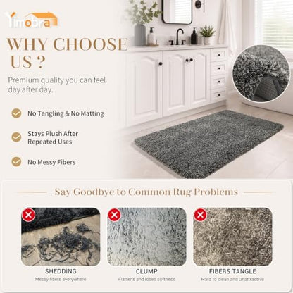 Yimobra Luxury Bathroom Rugs, Fluffy Bath Mats, Non Slip, Water Absorbent Microfiber, Machine Washable, Plush Runner Shower Rug, Thick Mat for Bathroom Floor/Tub, 60" X 24", Light Gray and Black Gray