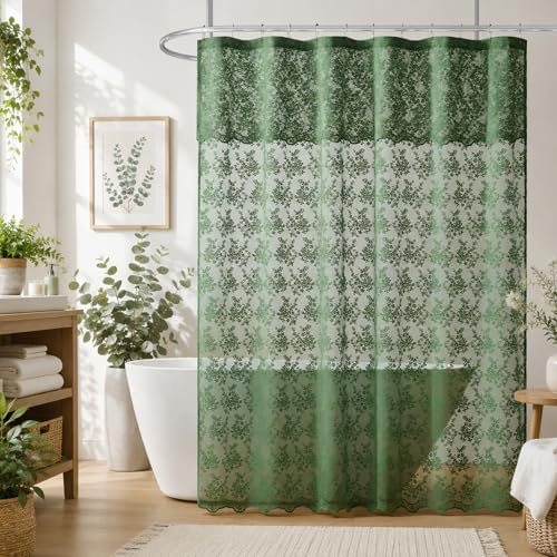 TUDECO Forest Green Lace Shower Curtain for Bathroom, 72W x 84L Inch