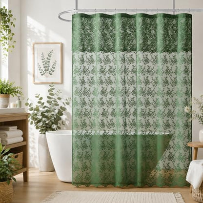 TUDECO Forest Green Lace Shower Curtain for Bathroom, 72W x 84L Inch