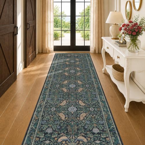 Vintage 3x12 Wide Hallway Runner Rug, Blue Plant & Bird Pattern Floral Design Carpet for Kitchen, Washable Extra Long Runner Rugs for Entrance Floor, Low Pile & Stain Resistant