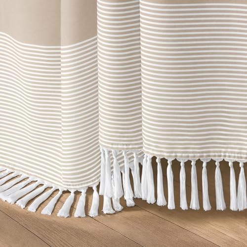 Beige Boho Cotton Striped Shower Curtain with Tassel 72" W X 72" L