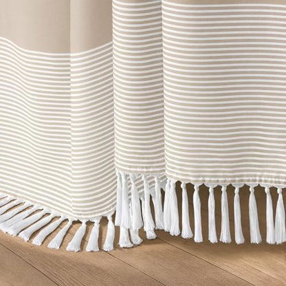Beige Boho Cotton Striped Shower Curtain with Tassel 72" W X 72" L