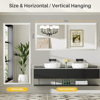 Briivue Bathroom Wall Mirror, White Metal Frame, 72x32 Inch