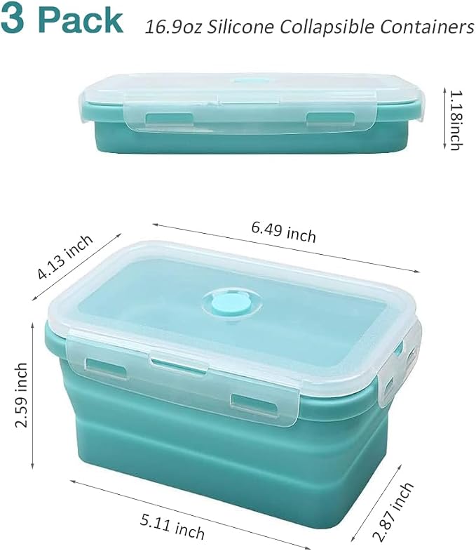 Alimat PluS 16.9oz Small Silicone Food Storage Containers with Lids, 3 Pack Set 500ml Collapsible Meal Prep Lunch Containers, Microwave, Freezer and Dishwasher Safe