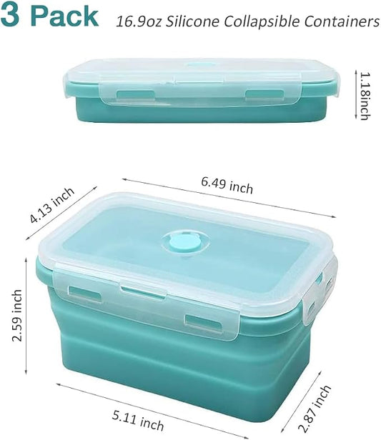 Alimat PluS 16.9oz Small Silicone Food Storage Containers with Lids, 3 Pack Set 500ml Collapsible Meal Prep Lunch Containers, Microwave, Freezer and Dishwasher Safe