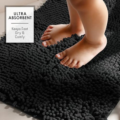 Hearth & Harbor Bathroom Rugs, Chenille Bath Mat - Machine Washable Bath Mats for Bathroom Non-Slip Backing Rubber, Quick Dry Mat - Black Bath Rug, 17x24-20x32-20x24