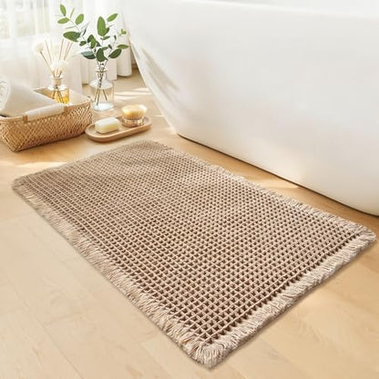 Waffle Bath Mat, Boho Bathroom Rug Non Slip Washable, 18 x 30, Khaki