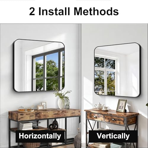 Black Bathroom Mirror, 38x40 inch Aluminum Metal Frame Rectangular Vanity Mirror, Large Wall Mounted Rectangle Mirrors with Rounded Corner for Over Sink Bedroom Living Room Horizontal/Vertical
