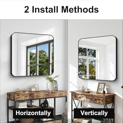Black Bathroom Mirror, 38x40 inch Aluminum Metal Frame Rectangular Vanity Mirror, Large Wall Mounted Rectangle Mirrors with Rounded Corner for Over Sink Bedroom Living Room Horizontal/Vertical