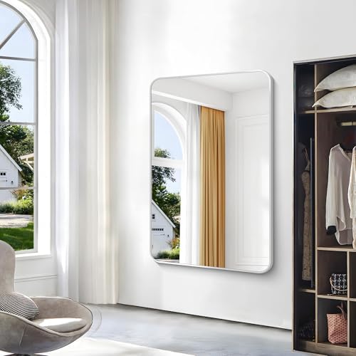 BONEWEI Silver Bathroom Mirror,55x36 inch Wall Mirror for Bathroom Wall Mounted,Rectangle Mirror for Bathroom Over Sink,Modern Frame Round Corner for Living Room,Bedroom Entryway,Horizontal/Vertical