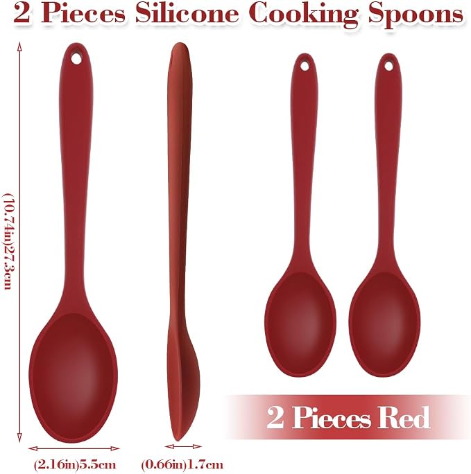 Silicone Spoons for Cooking, 2 Pcs Red Large Serving Spoon Heat Resistant Cooking Spoon Utensils Nonstick Mixing Kitchen Spoons for Cooking, Baking, Serving, Mixing and Stirring, Dishwasher Safe