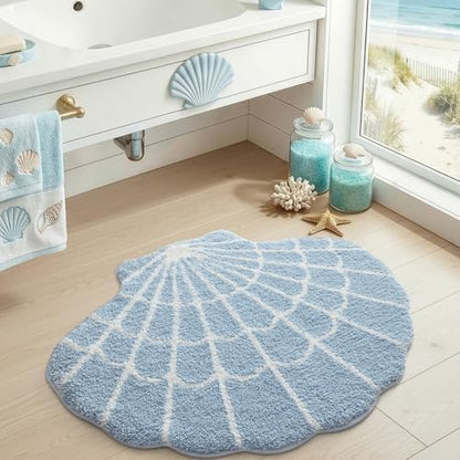 DEXI Cute Seashell Bath Mat, Coastal Scallop Bathroom Rug, 38x30 Blue