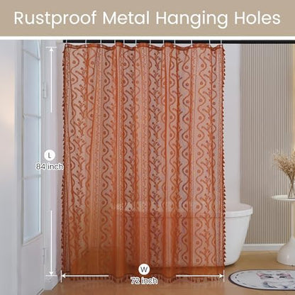 WAZZIO Bunrt Orange Lace Shower Curtain for Bathroom 72" W x 84" L, Victorian Farmhouse Floral Pattern Tassel Fancy Shower Curtain Boho Washable Cloth Decorative Bath Curtains,1 Panel