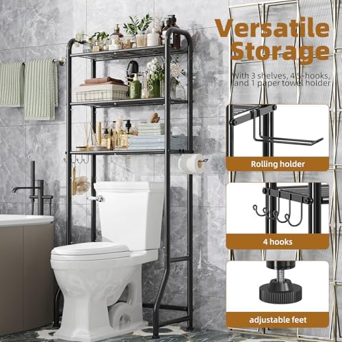Simple Trending Over The Toilet Storage Rack, Metal 3 Tier Bathroom Organizer Shelf with Paper Holder and 3 Hooks, Freestanding Shelf Space Saver Above Toilet,Black
