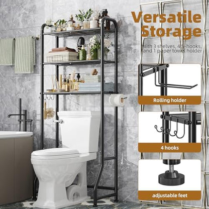 Simple Trending Over The Toilet Storage Rack, Metal 3 Tier Bathroom Organizer Shelf with Paper Holder and 3 Hooks, Freestanding Shelf Space Saver Above Toilet,Black
