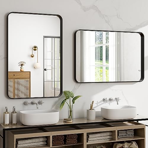 30"x22" Black Bathroom Mirror - Modern Mirror for Wall with Rounded Corners，Bathroom Mirrors for Vanity, Aluminum Alloy Framed Mirror Portrait or Landscape Hang, Rectangle Mirrors for Bedroom