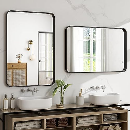 30"x22" Black Bathroom Mirror - Modern Mirror for Wall with Rounded Corners，Bathroom Mirrors for Vanity, Aluminum Alloy Framed Mirror Portrait or Landscape Hang, Rectangle Mirrors for Bedroom
