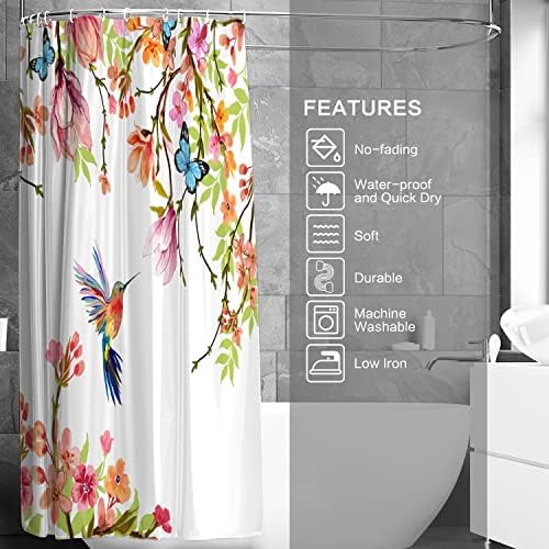 Watercolor Shower Curtain Hummingbird Floral for Bathroom 72 x 72