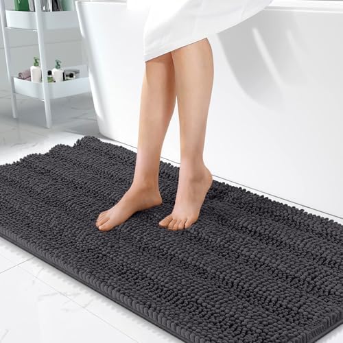 OLANLY Thick Bathroom Runner Rugs 47x24, Soft Chenille Bath Rugs, Dark Grey