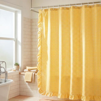 HunnmingRe Ruffled Gingham Shower Curtain Yellow