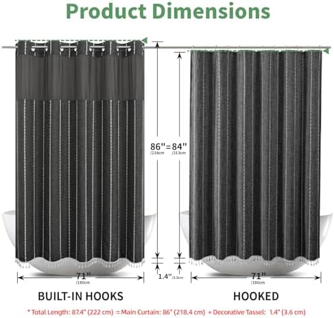 eachope Extra Long No Hook Shower Curtain and Liner Set,71x86,Charcoal Grey