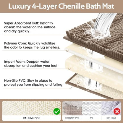 ACCUMTEK Striped Dark Beige Bathroom Rug Mat Set 2 piece 24"x17"+48"x20" Ultra Soft, Non Slip Chenille Bath Rugs, Absorbent Plush Shaggy Bath Mats for Bathroom, Bedroom, Kitchen, Shower, Tub,Taupe