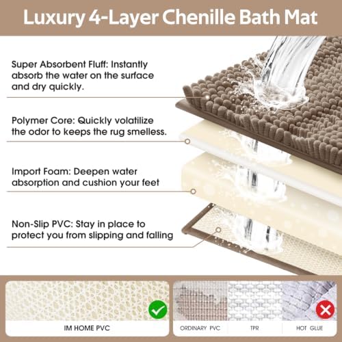 ACCUMTEK Striped Dark Beige Toilet Bathroom Rug Mat Set 2 piece Rug Ultra Soft, Non Slip Chenille Bath Rugs, Absorbent Plush Shaggy Bath Mats for Bathroom, Bedroom, Kitchen, Shower, Tub,Taupe