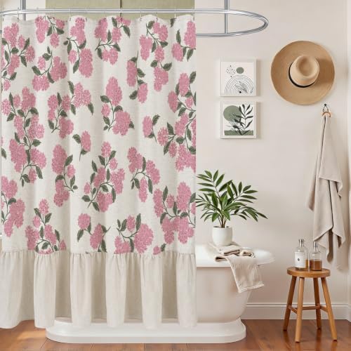 ORTIGIA Linen Textured Ruffle Shower Curtain with Metal Hooks, Vintage Pink Hydrangea Floral Boho Waterproof Bath Curtain for Rustic Farmhouse Bathroom Decor 72x72 Inch