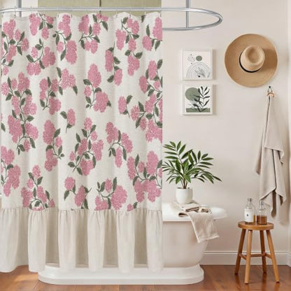 ORTIGIA Linen Textured Ruffle Shower Curtain with Metal Hooks, Vintage Pink Hydrangea Floral Boho Waterproof Bath Curtain for Rustic Farmhouse Bathroom Decor 72x72 Inch