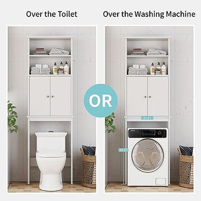 Shintenchi Over the Toilet Storage Cabinet, Bathroom Above the Toilet Rack, Bathroom Adjustable Shelf Organizer with Open Bottom Bar and Anti-Tip Device, White