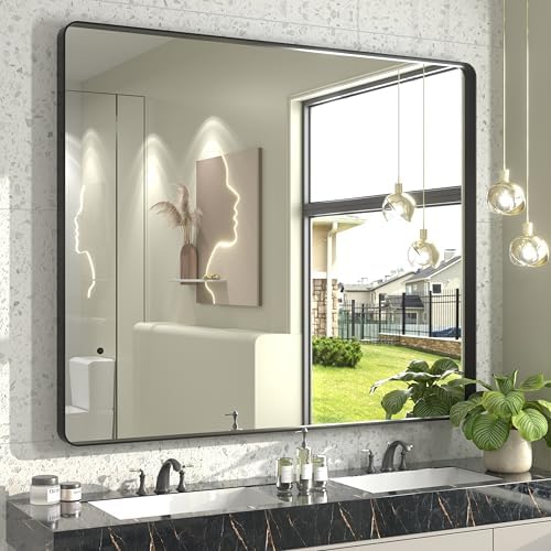 48x40 Inch Black Metal Framed Bathroom Mirror for Wall