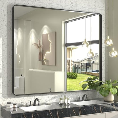 48x40 Inch Black Metal Framed Bathroom Mirror for Wall
