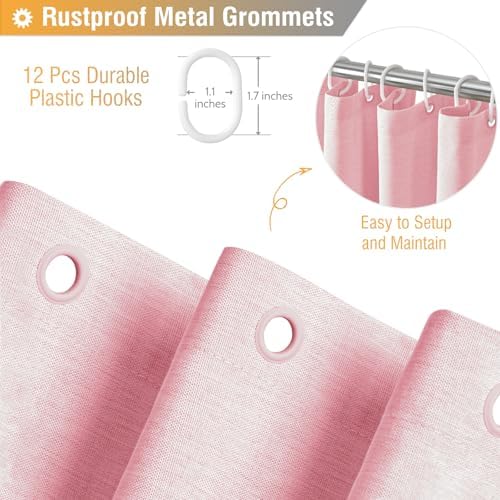 BTTN Pink Linen Textured Waterproof Thick Fabric Shower Curtain Set, 72x72