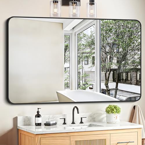 FORBATH Black Bathroom Mirror, Rectangular Vanity Mirror 30 x 48 Inch Wall Rounded Corner Metal Framed Bathroom Mirror for Living Room Bedroom Entryway Decor (Horizontal/Vertical)