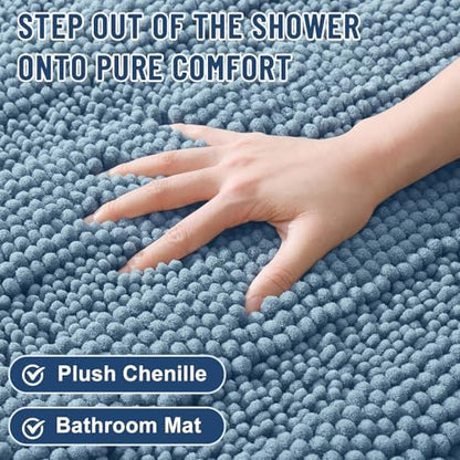 Grandaily Chenille Striped Bathroom Rugs 45x27, Extra Thick and Soft Absorbent Bath Mats, Rubber Backing, Plush Shaggy Shower Carpet, Machine Wash Dry, Bath Rug for Bathroom, Airy Blue