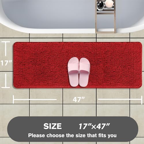 Bathroom Runner Rug 47 x 17 Inch – Long Bath Mat | Absorbent and Washable Thick Chenille Bath Rug Non-Slip Runner Rug for Bathroom, Shower, Sink(Red)