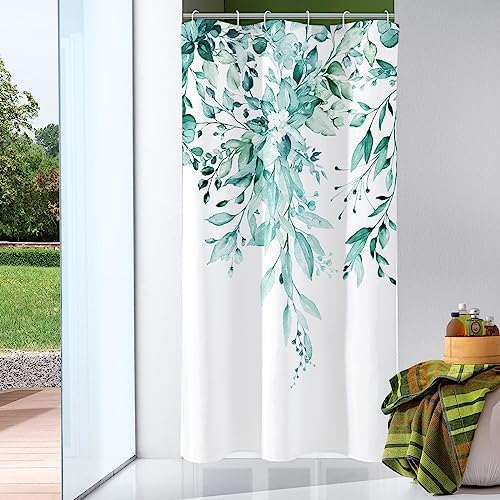 Gibelle Teal Eucalyptus Shower Curtain, Watercolor Floral Print, 60x72