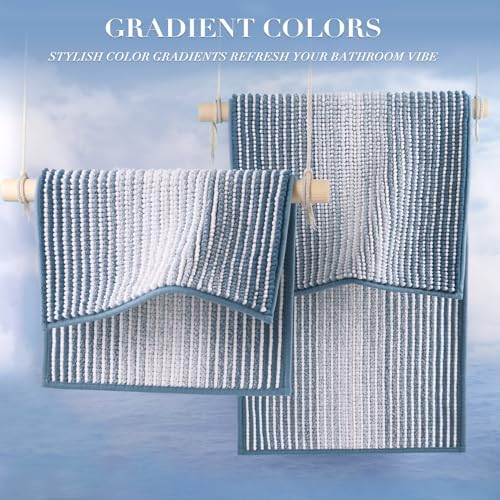 BSICPRO Large Bathroom Rugs Runner, 22x60 Striped Bath Mats, Fog Blue