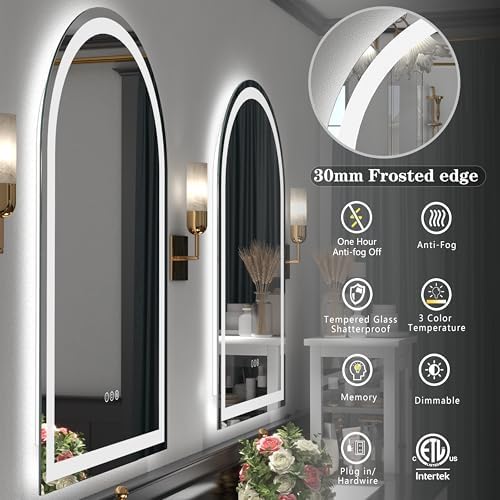 24x32 Inch Arched LED Bathroom Mirror with Lights