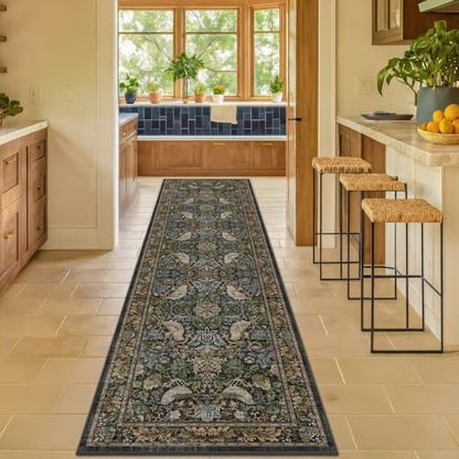 12ft Extra Long Vintage Runner Rugs for Hallways - 3x12 Wide Kitchen Runners, Entryway Rug, with Flowers and Leaves, Washable Non Slip Low Pile