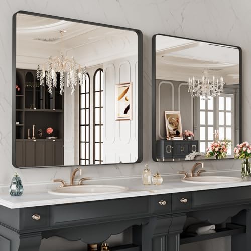 LOAAO 32X32 Inch Black Metal Framed Bathroom Mirror for Wall