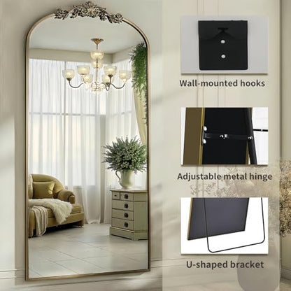Dewfig Arched Full Length Mirror, 71"x28" Floor Mirror with Carved, Bronze