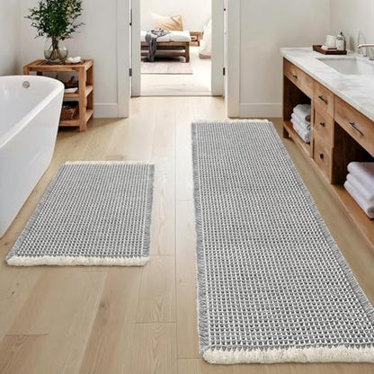 MIULEE Set of 2 Waffle Bathroom Rugs LightGrey&Cream 17"x24"+17"x48"