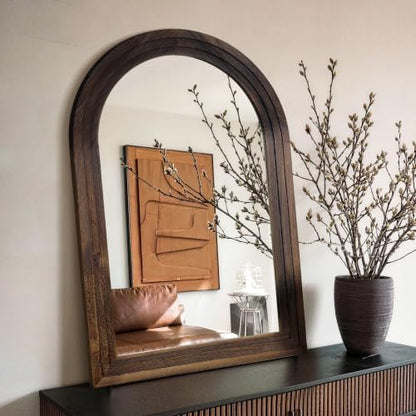 Arched Bathroom Mirror, 40"x28" Brown Wood Frame Wall Mirror