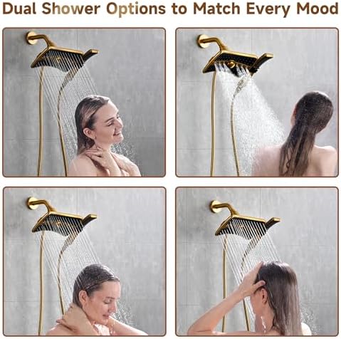 BRIGHT SHOWERS Dual Shower Head with Handheld, High Pressure Rainfall Shower Head Combo, 60-Inch Stainless Steel Hose, Brushed Gold