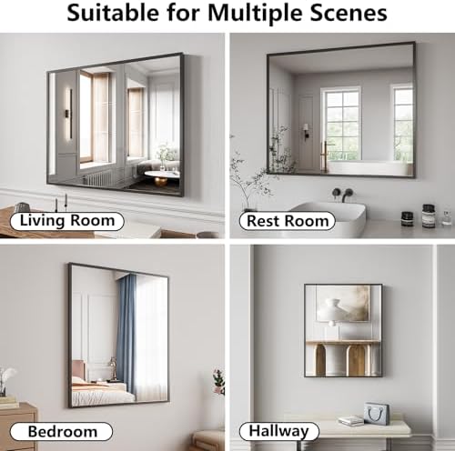 Koonmi Bathroom Mirror for Wall, 30"x36" Black Bathroom Mirror for Over Sink, Shatterproof Tempered Glass Vanity Mirror with Anti-Rust Aluminum Alloy Frame, Hang Horizontally or Vertically