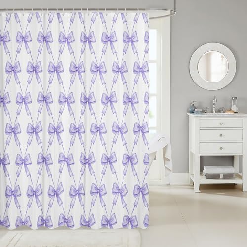 jejeloiu Purple Bow Shower Curtain 72"x84" Cute Bowknot Bath Curtain Boys Girls Kawaii Bathroom Shower Curtain Set for Kids Women Men Bow and Stripes Kids Bathroom Accessories