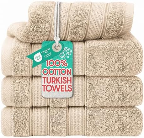 American Soft Linen Salem 100% Cotton Turkish 4 Piece Hand Towels for Bathroom, 600 GSM Soft Absorbent Quickdry Hand Face Towel Set, Beige