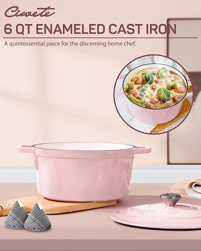 Ciwete 6 QT Dutch Oven Pot with Lid, Enameled Cast Iron Dutch Oven for Bread Making, Braiser, Cooking, Dual Handles, Oven Safe up to 500° F or on Stovetop, Gifts for Family - Pink